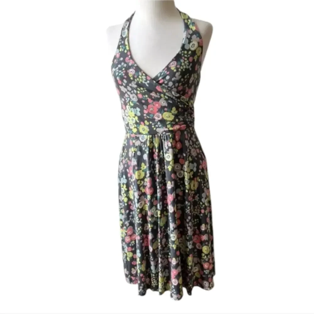 BODEN Women's St. Lucia‎ Halter Dress US Sz 6 Grey Floral Chartreuse Multicolor
